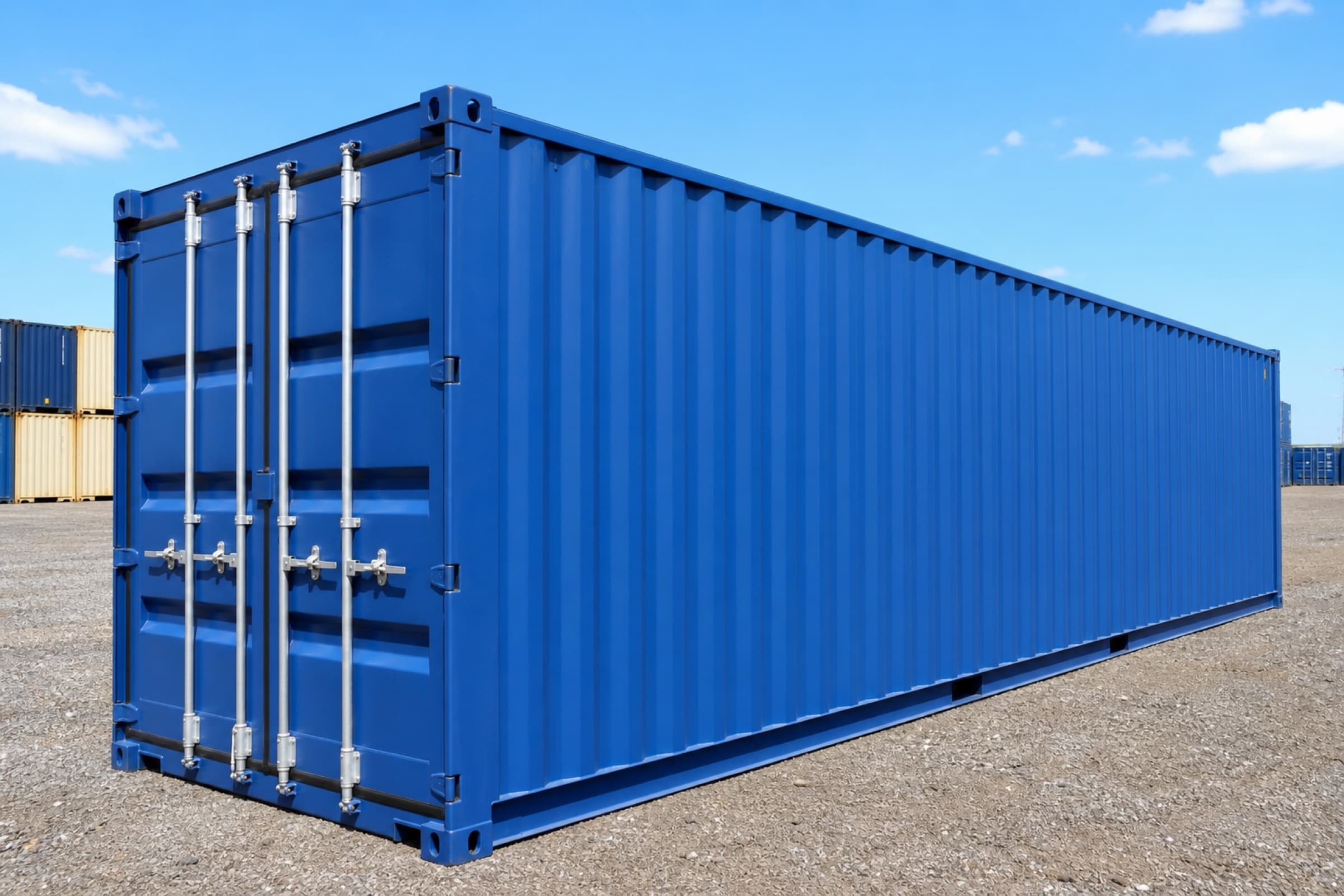 Blue shipping container for sale in an outdoor yard